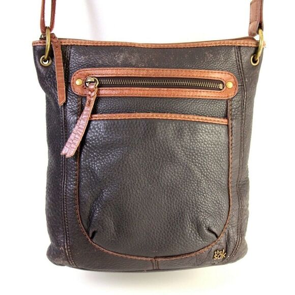 THE SAK TWO TONE BROWN GENUINE LEATHER X-BODY SHOULDER BAG HANDBAG CROSSBODY - Picture 3 of 10